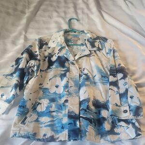 Chico's Blue & White, Khaki Floral 3/4 Sleeve Button Up Jacket, Size: 2